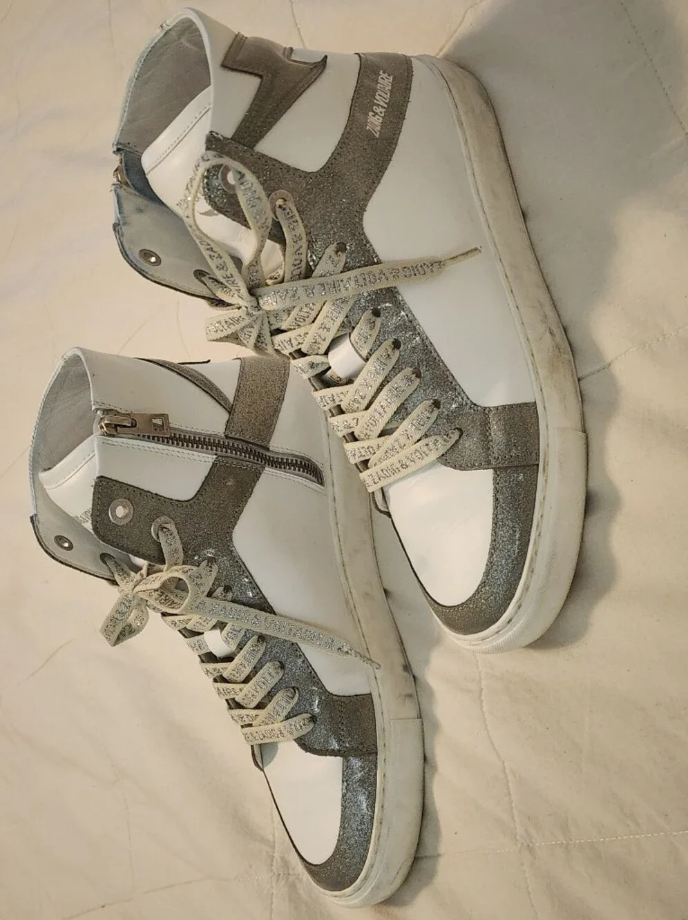 Zadig & Voltaire High-Top Leather Sneakers White/Silver Sz 40/US 9 Quiet Luxury